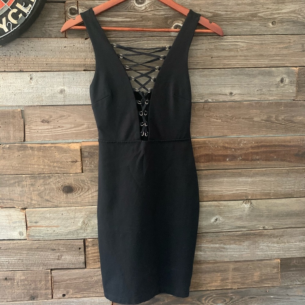 Black lace up cocktail dress